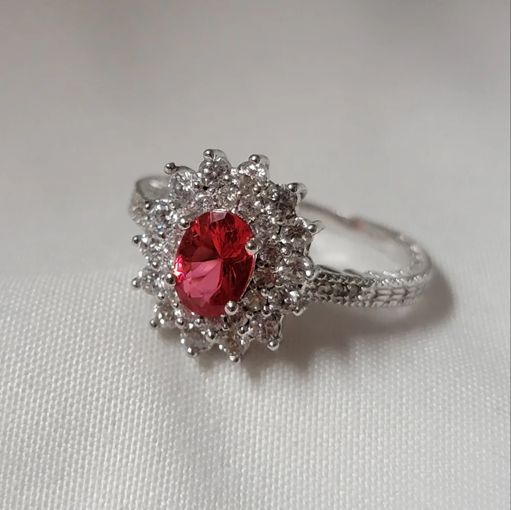 Gorgeous Halo Ruby and White Sapphire Simulated Stone Silver Tone Ring